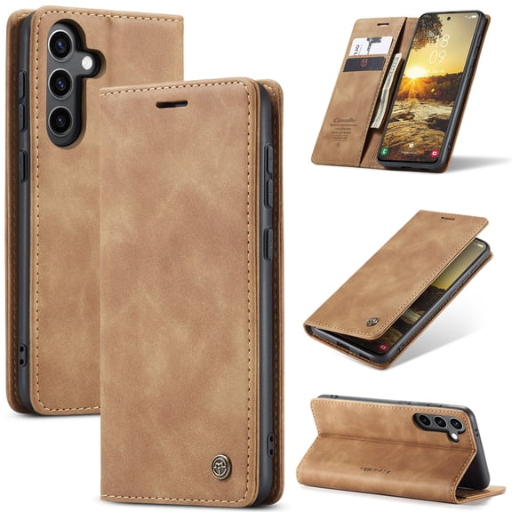 ELEHOLD Flip Leather Wallet Case for Samsung Galaxy S24 Plus with Card Slots Cash Pocket Kickstand Function Magnetic Closure Shockproof Anti-Scratch Purse Case for Samsung S24 Plus,Brown