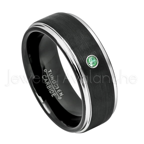 2-Tone Black Tungsten Wedding Band - 0.07ct Solitaire Emerald Ring - Personalized Tungsten Wedding Ring - Custom Made May Birthstone Ring TN670BS