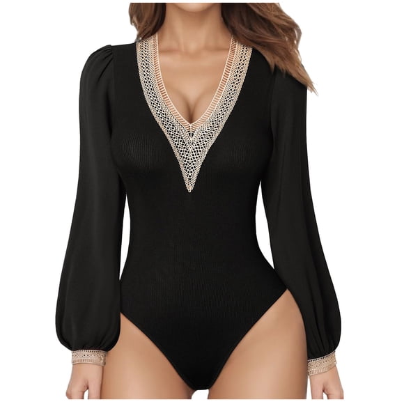 JIUKE Justaucorps pour Femmes à Manches Longues Bouffantes, Col en V de Course, Côtelé, Confortable, Ajusté, Décontracté, Sortie, Combinaison