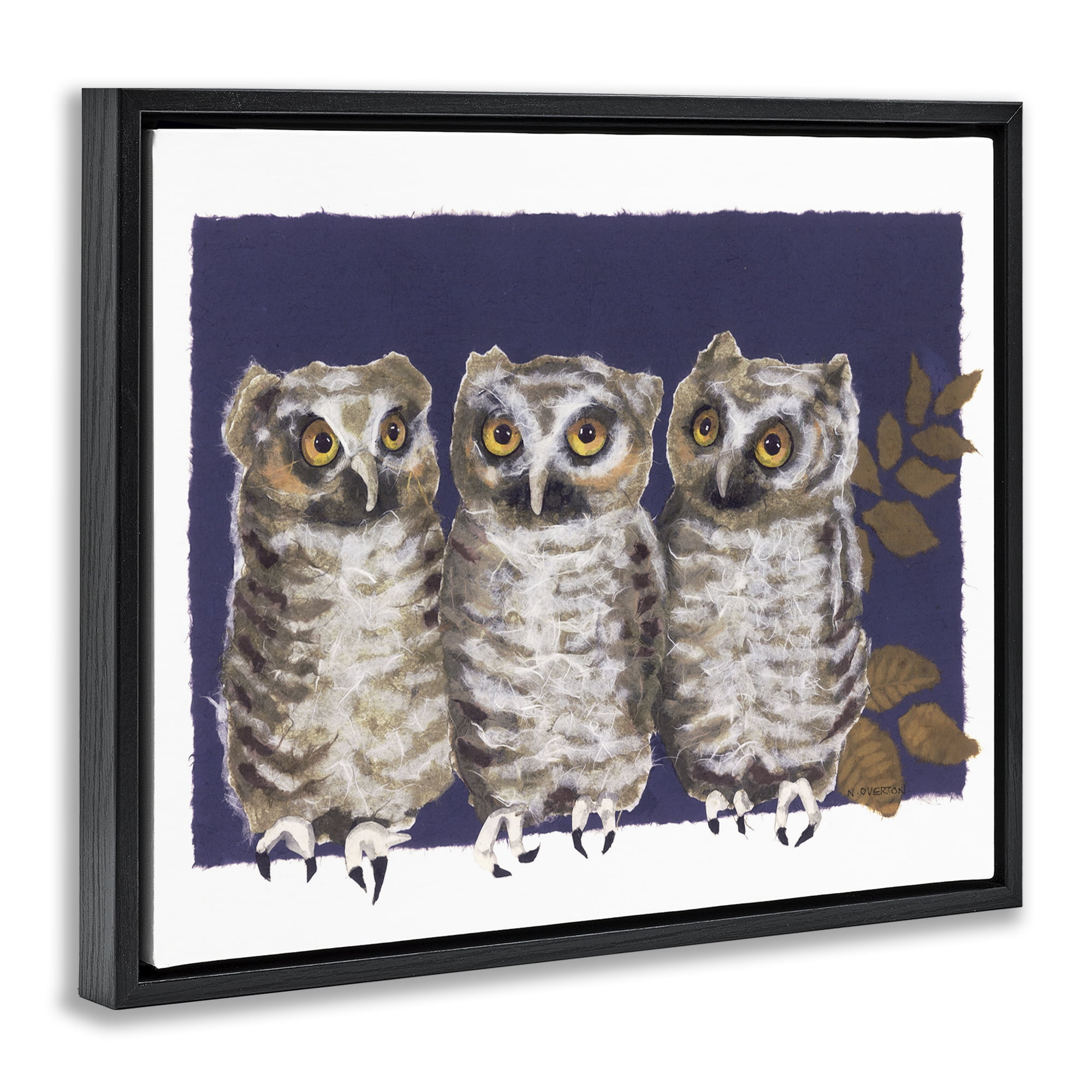 Stupell Industries Owl Trio & Leaves Animals & Insects Painting Black Floater Framed Canvas Art Print Wall Art, 21 x 17