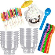 eam Sundae Kit - Clear Plastic 8 Ounce Dessert Dishes - Eco Friendly Plastic Spoons - Paper Umbrella Picks- 16 Cups, 16 Spoons 24 Umbrellas - Pink, Blue, Yellow, Green, Orange Party Supplies