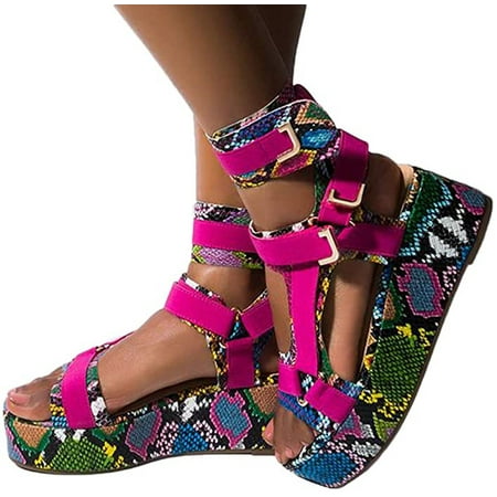 

iOPQO Women s sandals Platform Sandals For Womens Open Toe Ankel Strap Snakeskin Flats Beach Shoes Ladies Open Toe Snake Print Multicolor 39
