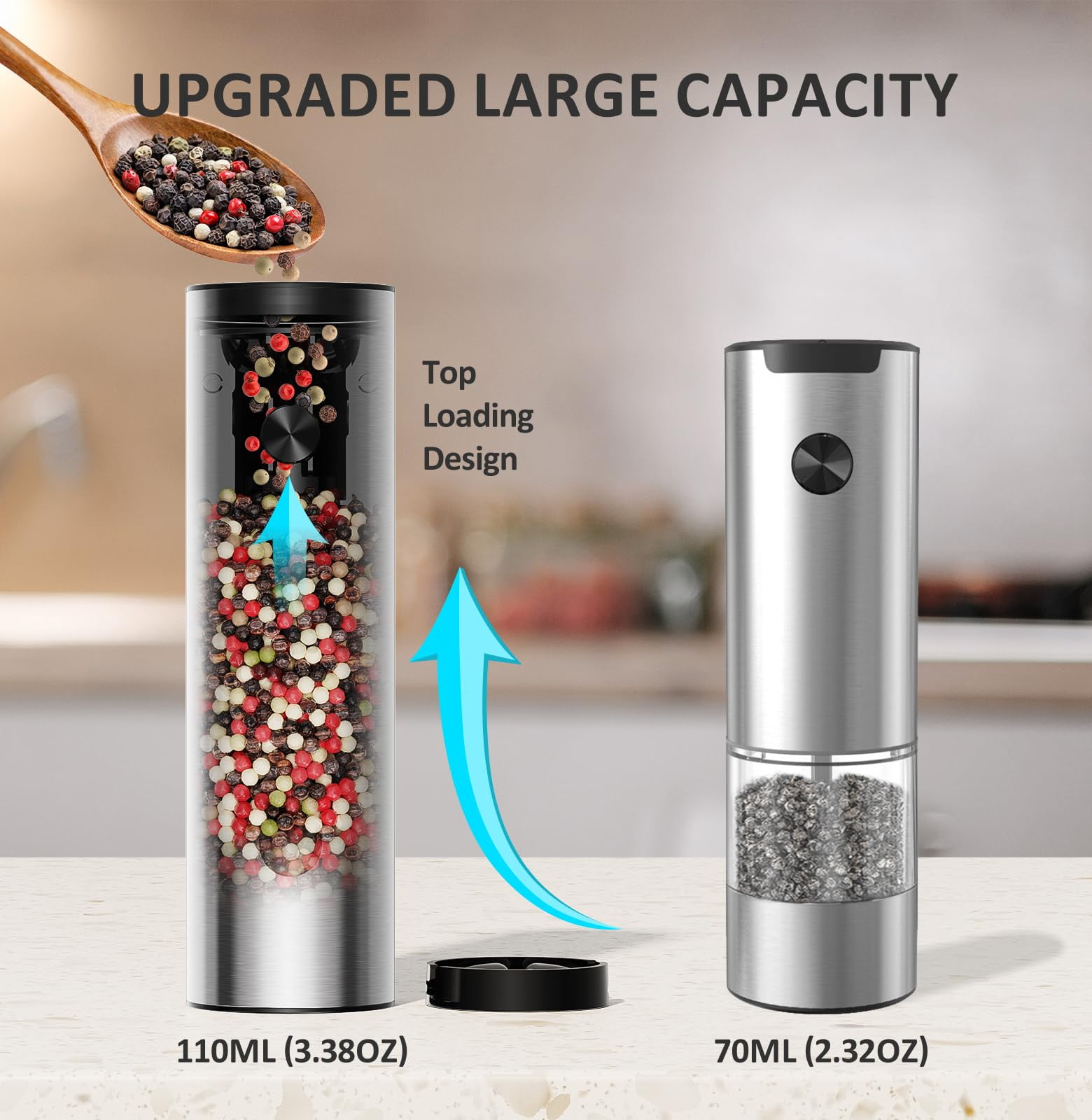 TeSabMi Electric Salt and Pepper Grinder Set, Rechargeable Stainless Steel Mills with USB-C Charging Base, LED Light, Adjustable Coarseness, 2 Pack