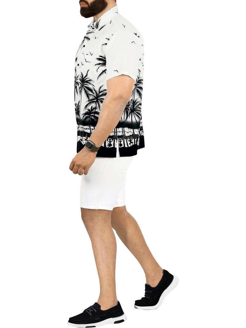 LA LEELA Men's Hawaiian Shirt - Palm Island Print Button Down, Size 3XL White Landscape