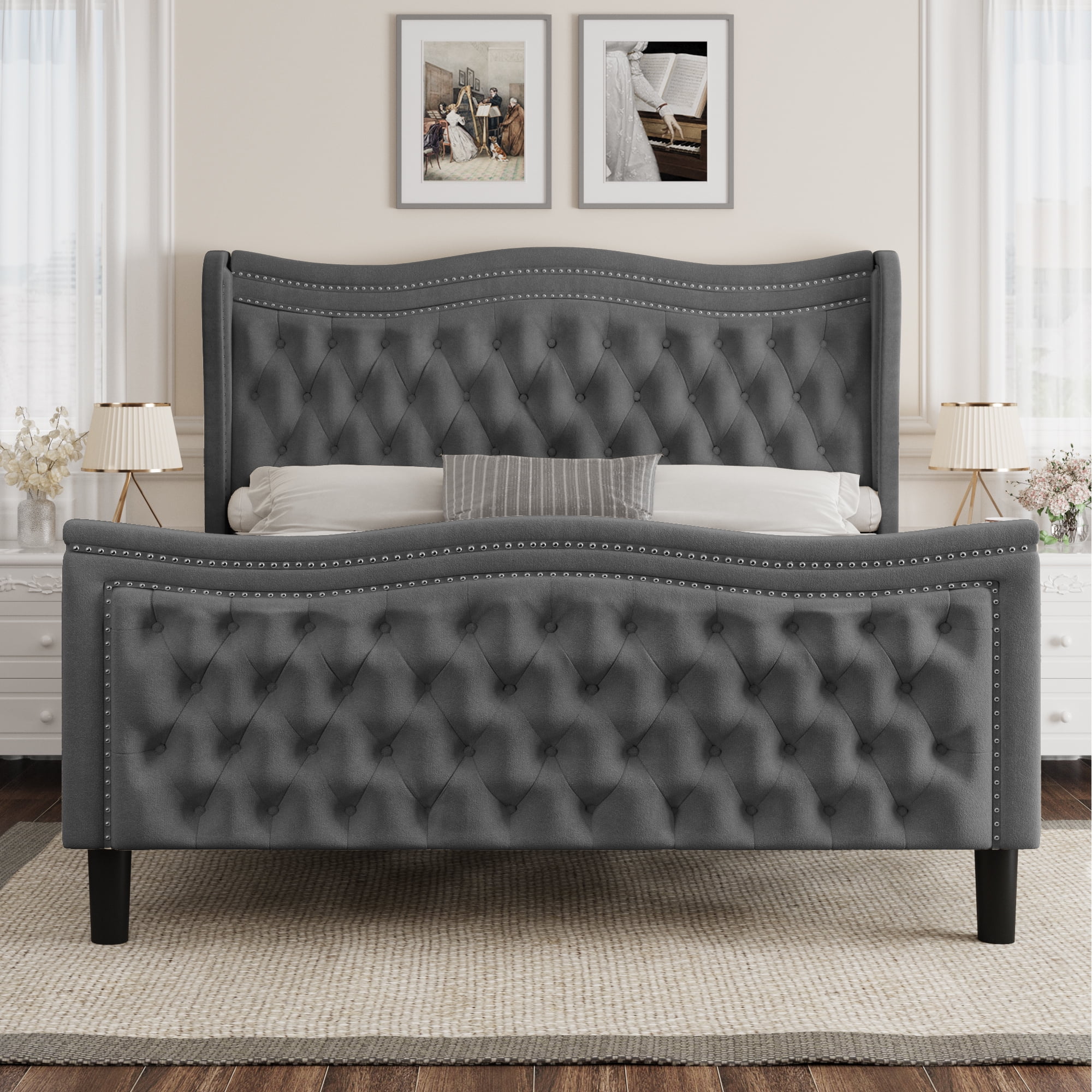 Miniyam Velvet Queen Size Bed with Button-Tufted Wingback Headboard for Adult, Gray