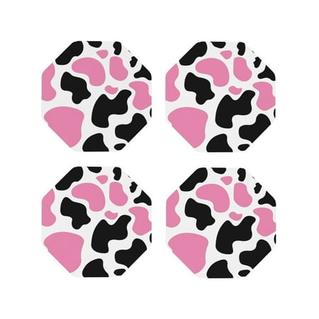 

Leather Coasters Set of 4 - Cow Spots Lightweight Non-Slip Drink Coasters for Desk Anti-Scalding Desk Cup Coasters for Office Table Decor Octagon