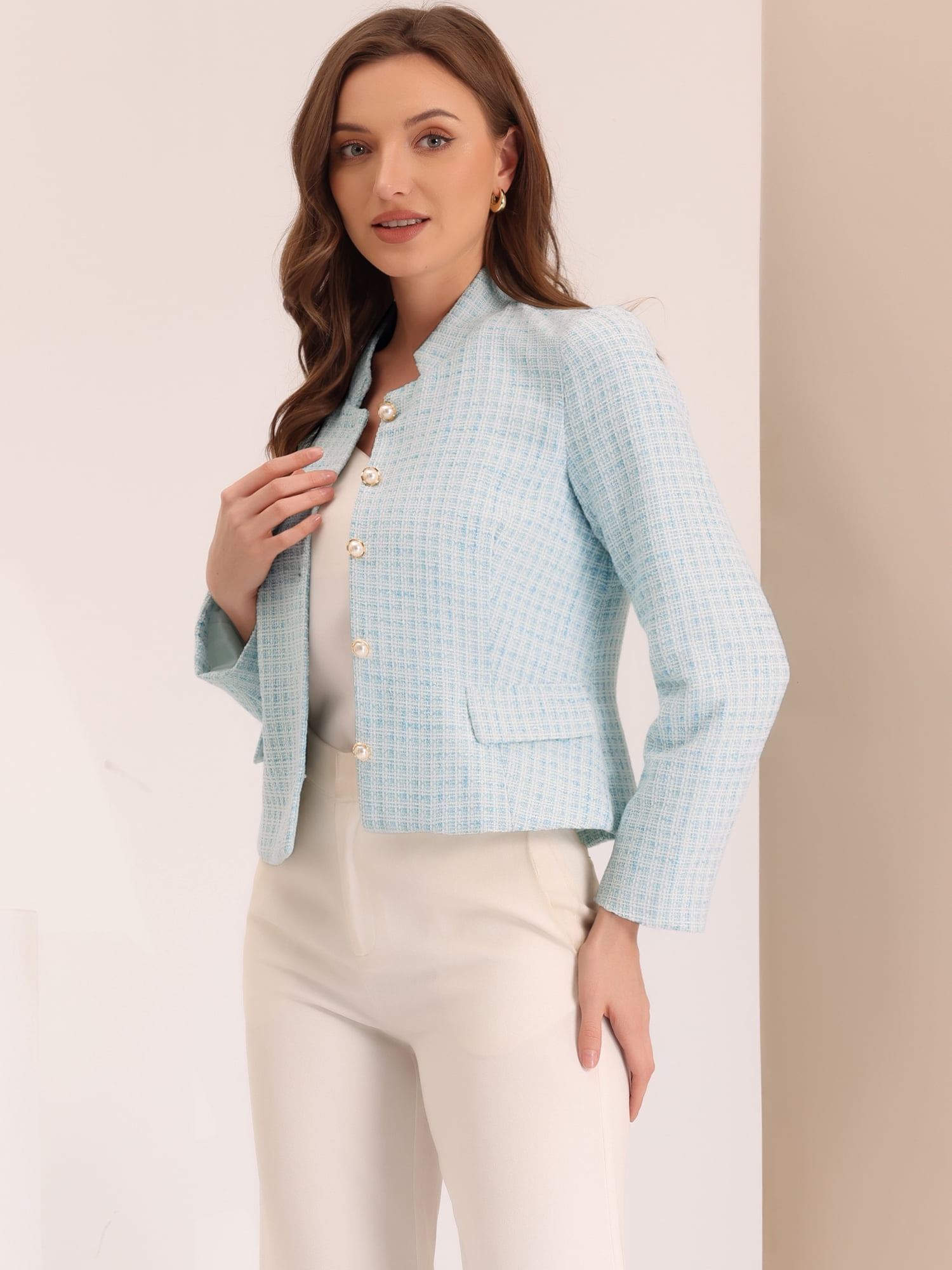 DARING DIVA Women's Plaid Tweed Button Down Short Jacket M Light Blue