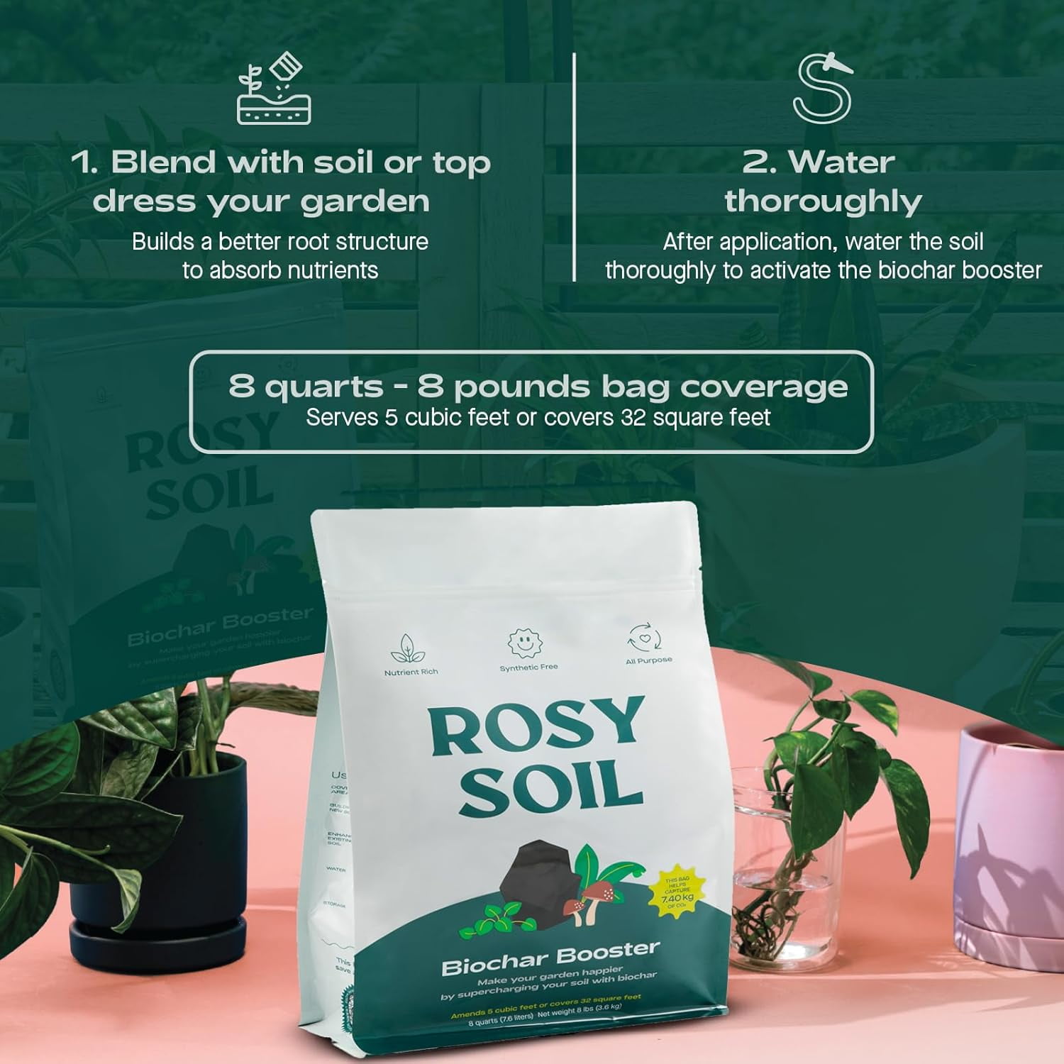 Rosy Soil Biochar Booster Soil Amendment, Organic Biochar for Plants, Improves Soil Health & Water Retention, for Gardens, Raised Beds & Indoor Plants, 8 qt