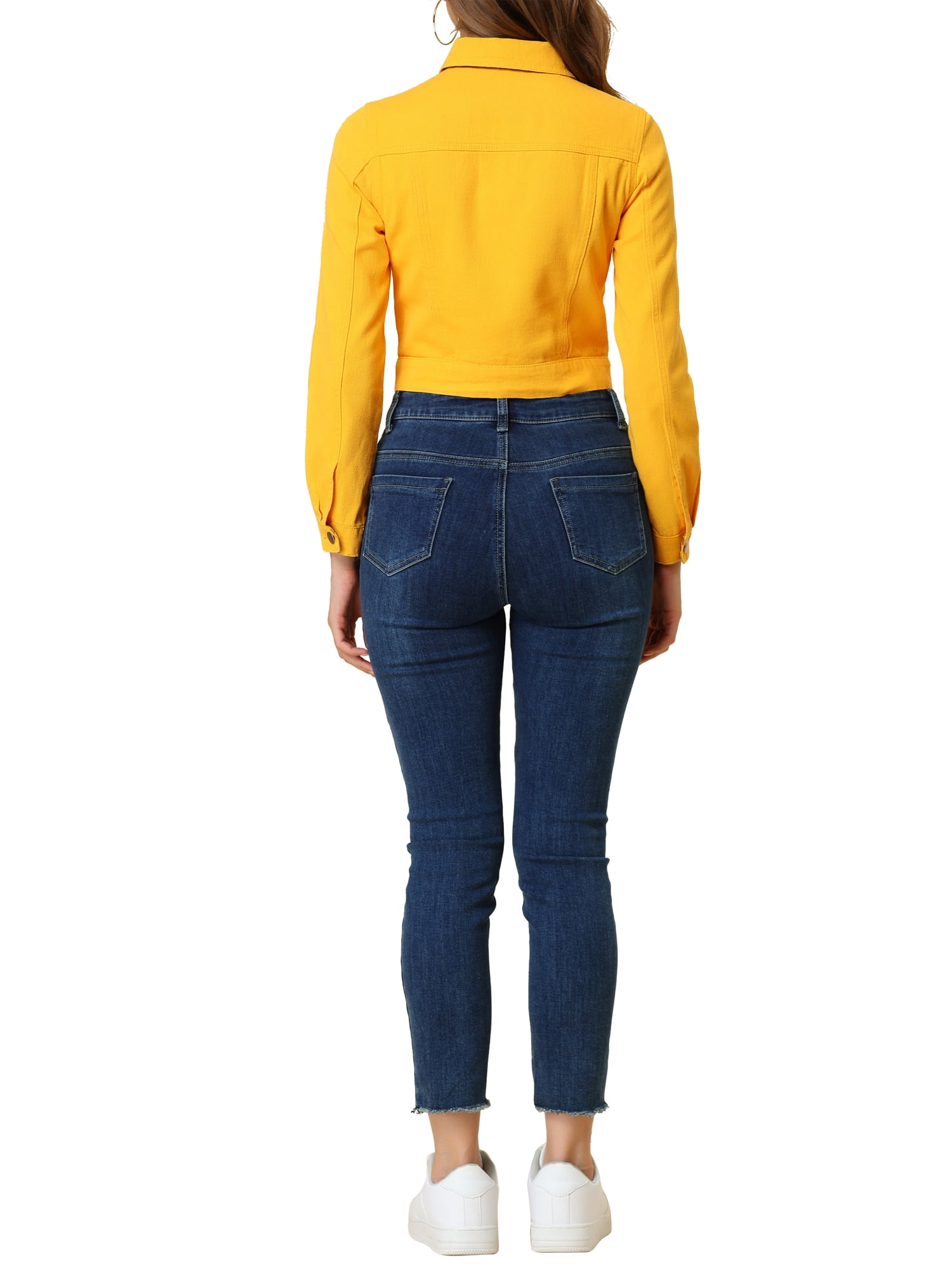 DARING DIVA Women's Button Down Long Sleeve Cropped Denim Jacket S Yellow