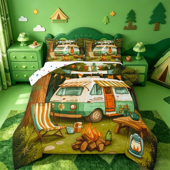 Catabedysis Retro Camper Full Size Comforter Sets,Camp Life Print Bedding Comforter Set For Boys,Multicolor,Polkadot Reversible,3 Pieces,1 Comforter and 2 Pillowcases