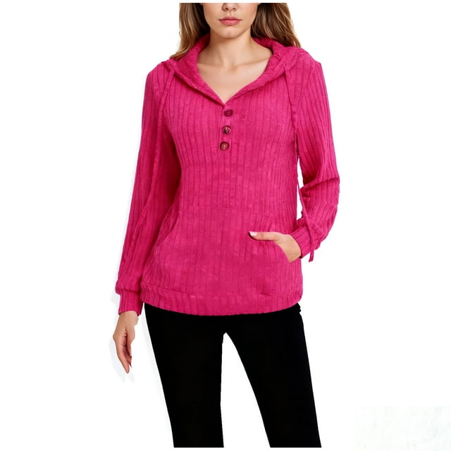 KIHOUT Ribbed Hooded Henley Top - Half-Button Adjusts Temp for Weekend Dog Walks & Park Strolls; Pockets Fit Keys (Cozy) (S-XXL)