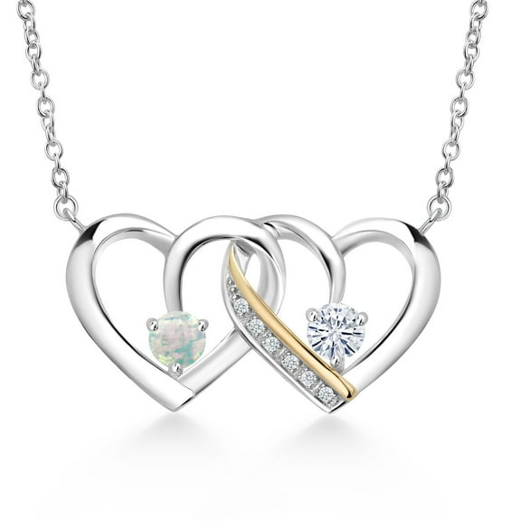 925 Silver and 10K Yellow Gold White Simulated Opal and White Moissanite and White Lab Grown Diamond Interlocking Heart Pendant Necklace for Women (0.51 Cttw, October Birthstone, with 18 inch Chain)