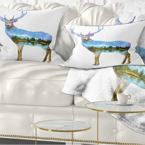 Designart Deer Double Exposure Illustration - Animal Throw Pillow - 12x20