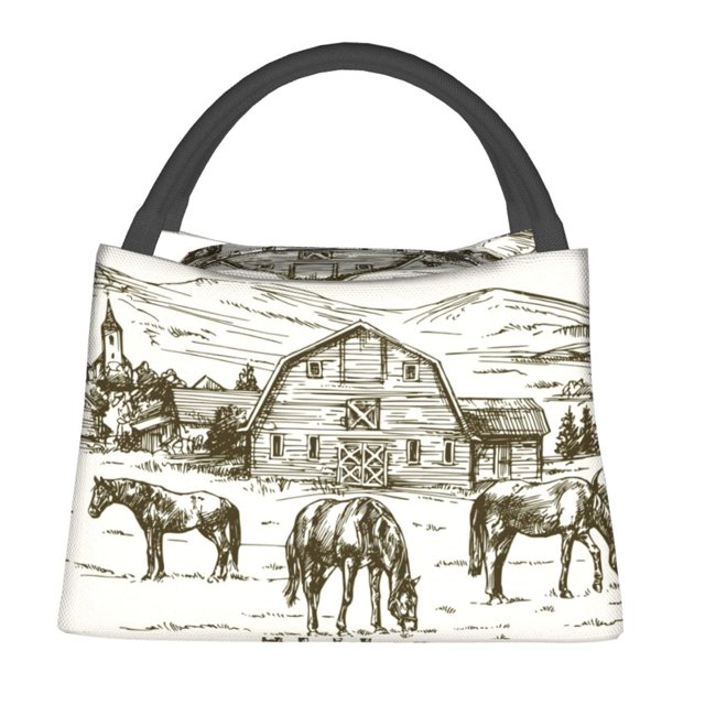 Balery Horses Grazing On Meadow Bolsa de Aislamiento Portátil – Bolsa de Almuerzo con Forro de Aluminio Mejorado, Funda Impermeable y Fácil de Limpiar para Picnic y Caja de Almuerzo