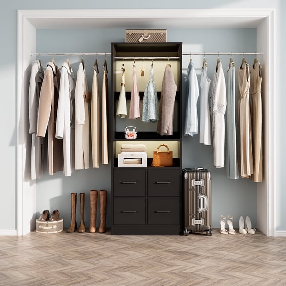 Homieasy 25 - 104 Inch Closet Organizer System, Walk in Clothes Rack with 4 Fabric Drawers and 3 Hanging Rods, Garment Rack Wardrobe Rack for Closet, Bedroom, Black