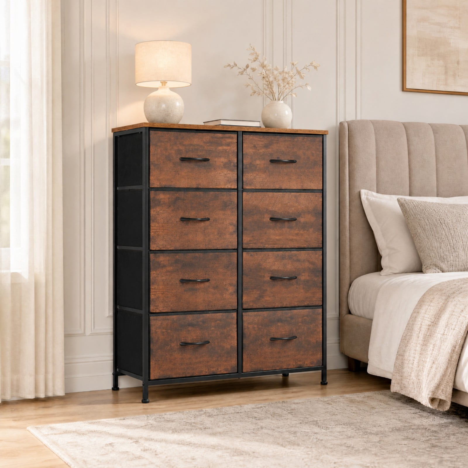 Telyra 8-Drawer Fabric Dresser Tall Storage Tower with Wood Top and Steel Frame Bedroom Closet Organizer, Rust
