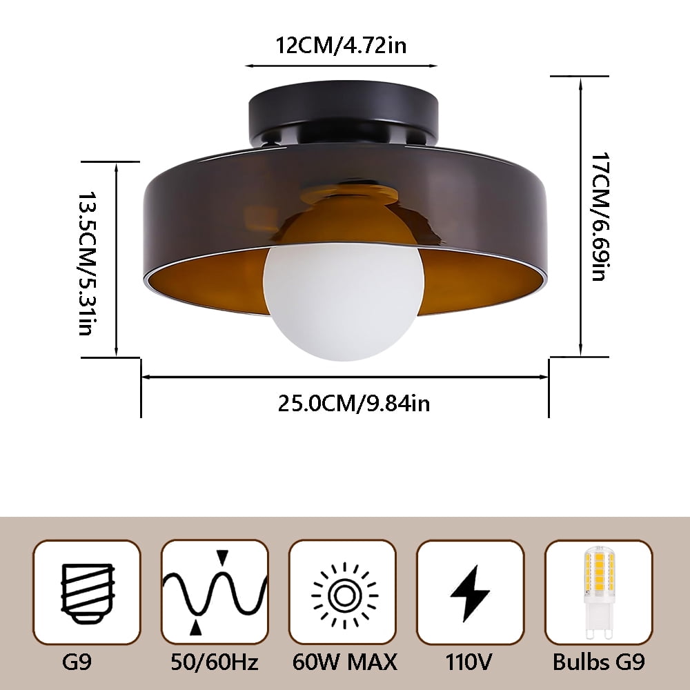 Mid-Century Modern Semi Flush Mount Ceiling Light, Kitchen Ceiling Light Fixture with Glass Shade,Vintage Close to Ceiling Lamp for Entryway Hallway Bathroom