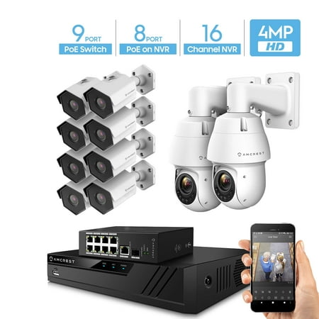 Amcrest 4MP Security Camera System, w/ 4K 16CH PoE NVR, 8 x 4MP Bullet POE IP Cameras, 2 X 4MP Speed Dome PoE IP Camera, 9-Port PoE+ Switch, HDD Not Included, NV4116E-AGPS9E8P-1053EW2-1026EW8