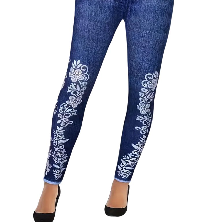 Frontwalk Jean Leggings for Women Printed Denim High Waisted Yoga