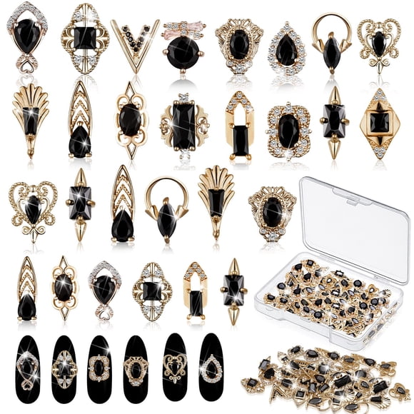 Abalorios para uñas Leelosp 3D dorados de lujo con diamantes de imitación negros, 24 unidades