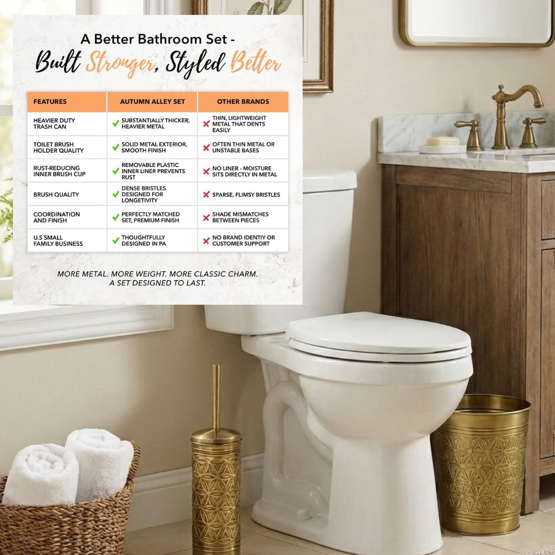 Autumn Alley Toilet Brush and Holder Set with Brushed Brass Bathroom Trash Can – Vintage Brass Bathroom Accessories Garbage Can Set for Rustic and Modern Bathroom Décor