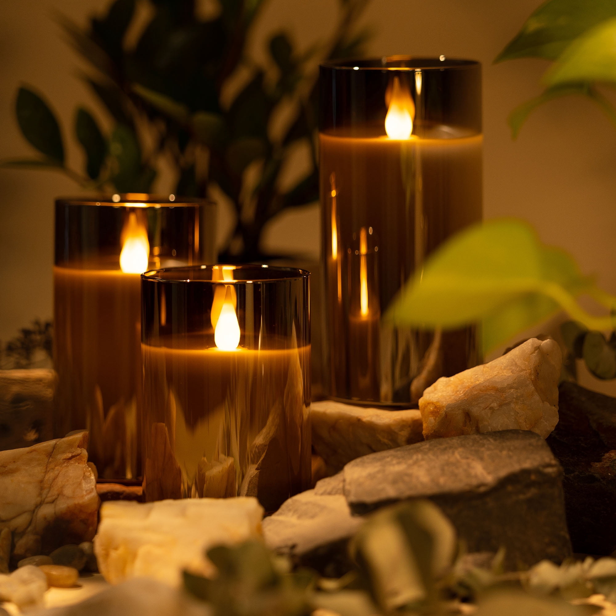 LED METALLIC MIRRORED GLASS FLICKERING FLAMELESS CANDLES - SET OF 3 (4" 5" 6") WITH REMOTE CONTROL