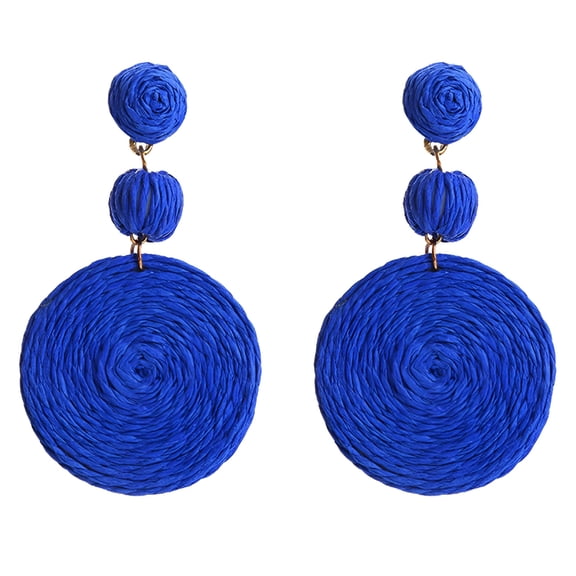 DESIGNICE Boho Raffia Women's Ball Earrings,Individual Raffia Round Pendant Earrings – Summer Beach Resort Jewelry – Royal Blue