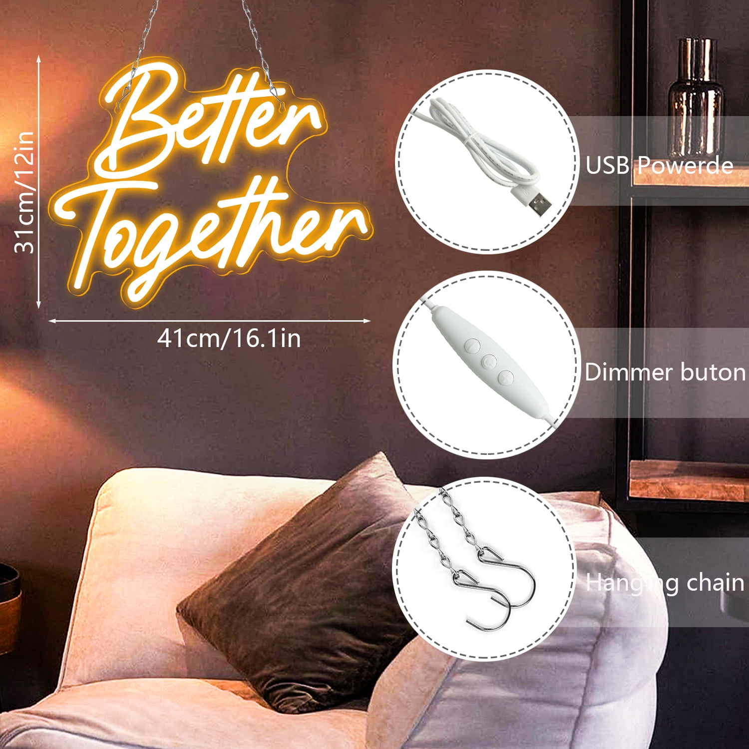 Better Together Neon Sign LED Warm White Dimmable Wall Light USB Powered Acrylic Backboard Hanging Light for Wedding Home Decor