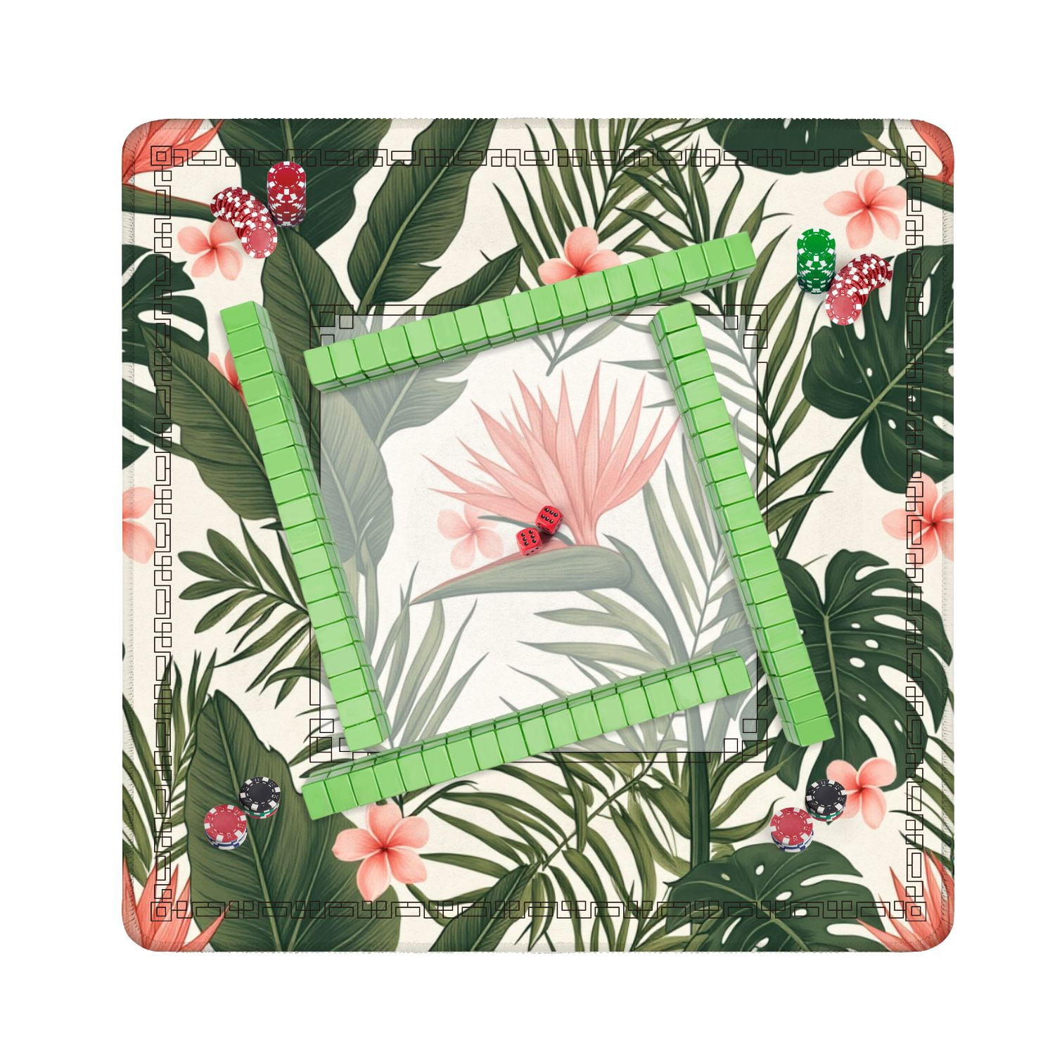 Mahjong Mat 31.5" x 31.5" Beach cheerful seamless tropical dark green leaves palm trees flowers Non-Slip Noise Reduction American Mahjong Tiles Table Cover for Dominoes Poker Card Board Games Gift