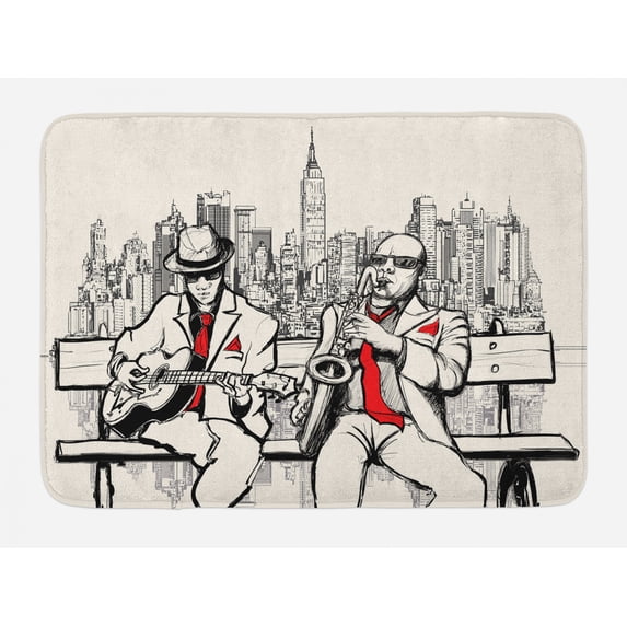 Music Bath Mat, Jazz Men Band Playing Beats in New York at Night Retro Style Illustration Print, Non-Slip Plush Mat Bathroom Kitchen Laundry Room Decor, 29.5 X 17.5 Inches, Red Black Ecru, Ambesonne