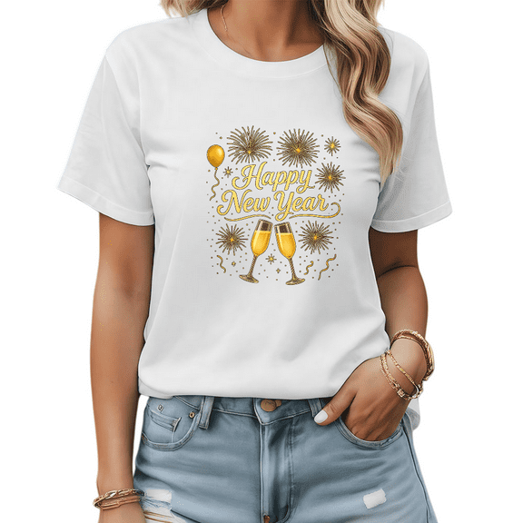 Cheers Happy New Year Theme Gold Letter Graphic Tee T Shirt Casual Tops Short Sleeve Round Neck White S-5XL