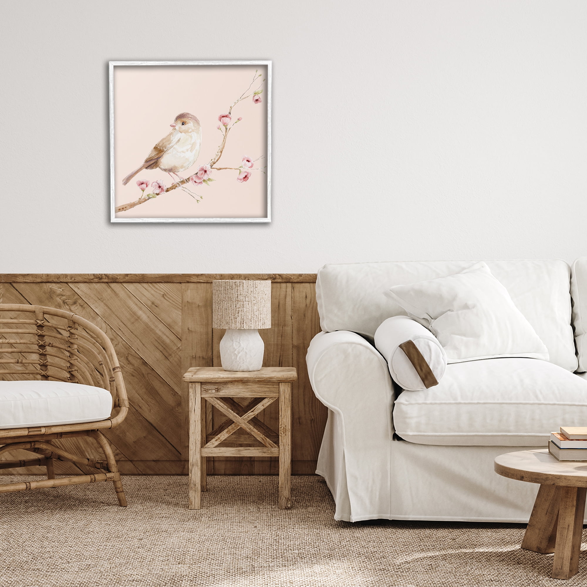 Sweet Brown Bird Perched White Framed Giclee Art, design by Lisa Wehmeyer