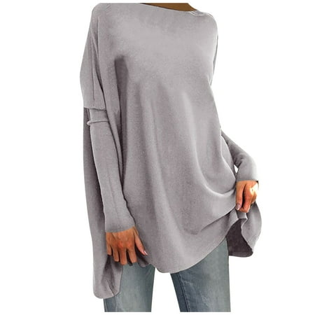 Scyoekwg Long Sleeve Tee Shirts for Women Fall Fashion Tunic 2022 Fashion Tops Long Sleeve Pullover Round Neck Dressy Casual Tops Loose Fit Blouses Fall Classic Solid Color Gray L