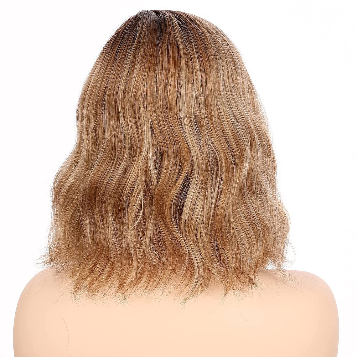 Onedor Shoulder Length Side Part Lace Front Short Wavy Hair Bob Wigs for Women(Dark Blonde Evenly Blended & Platinum Blonde with Dark Roots)