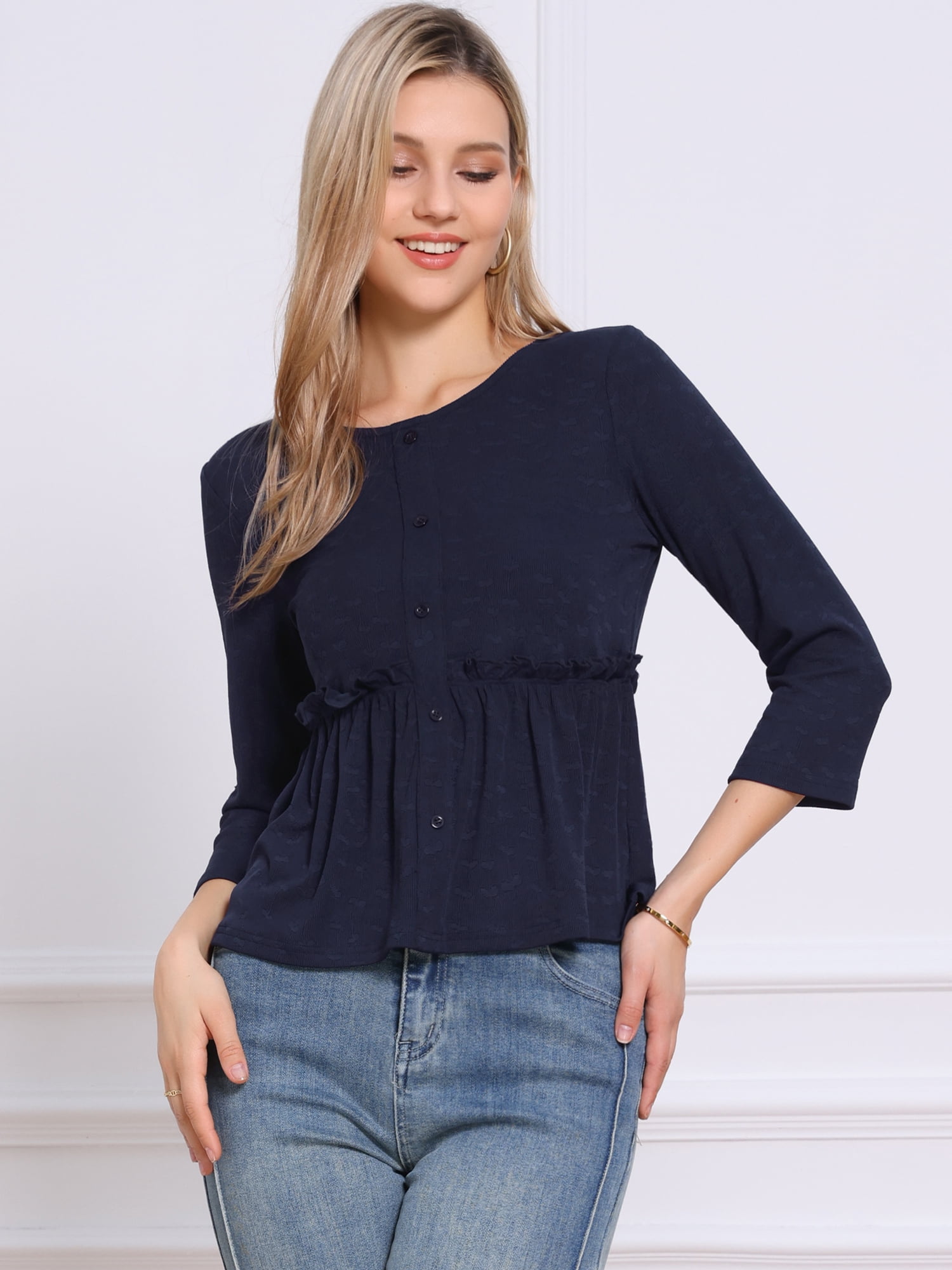 DARING DIVA Women's Peplum Crew Neck 3/4 Sleeve Ruffle Pullover Blouses L Dark Blue