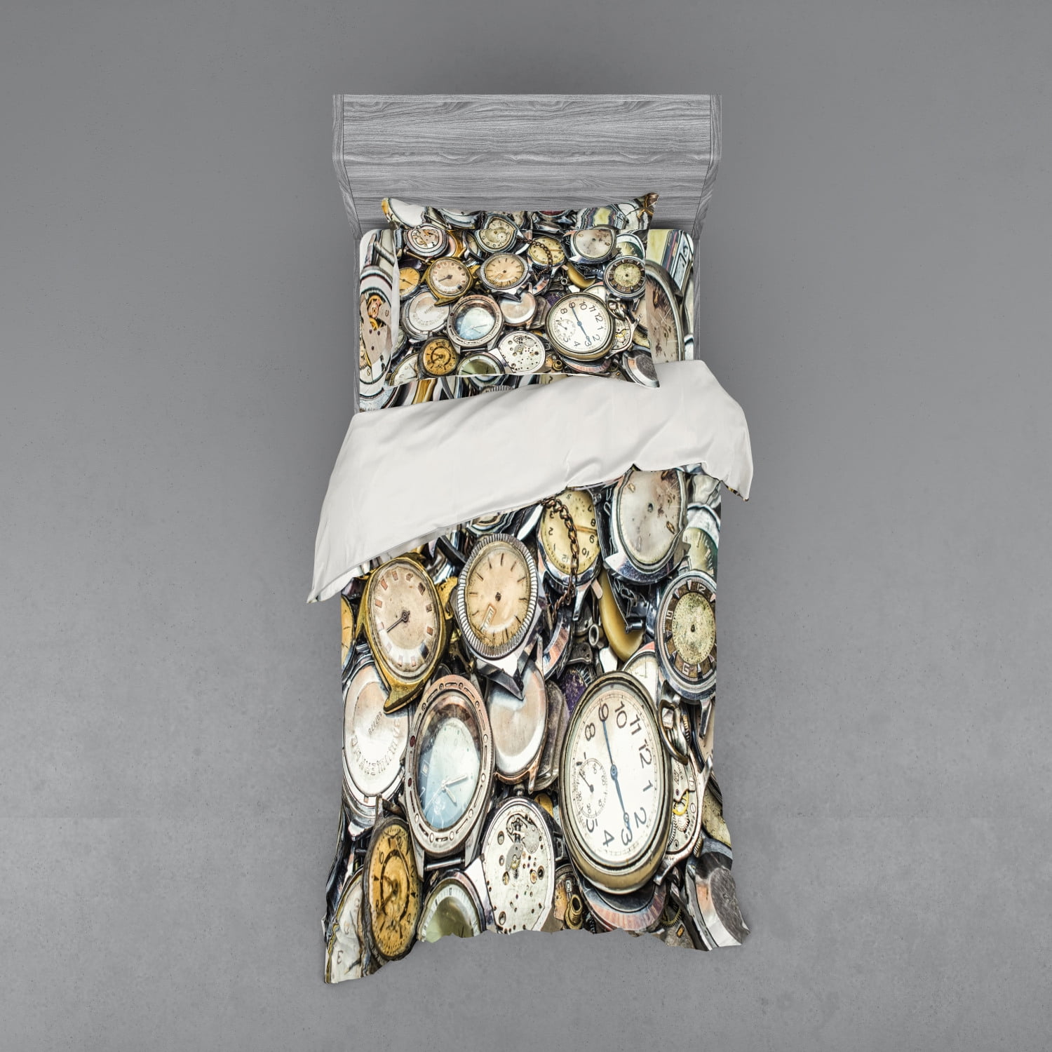 Clock Duvet Cover Set, Antique Theme a Pile of Several Different