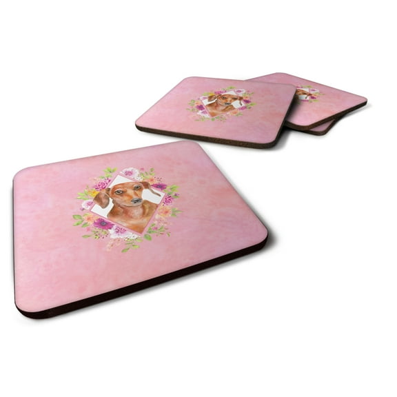 Carolines Treasures CK4135FC Dachshund Red Design2 Pink Flowers Foam Coaster Set of 4 3 1/2 x 3 1/2 multicolor