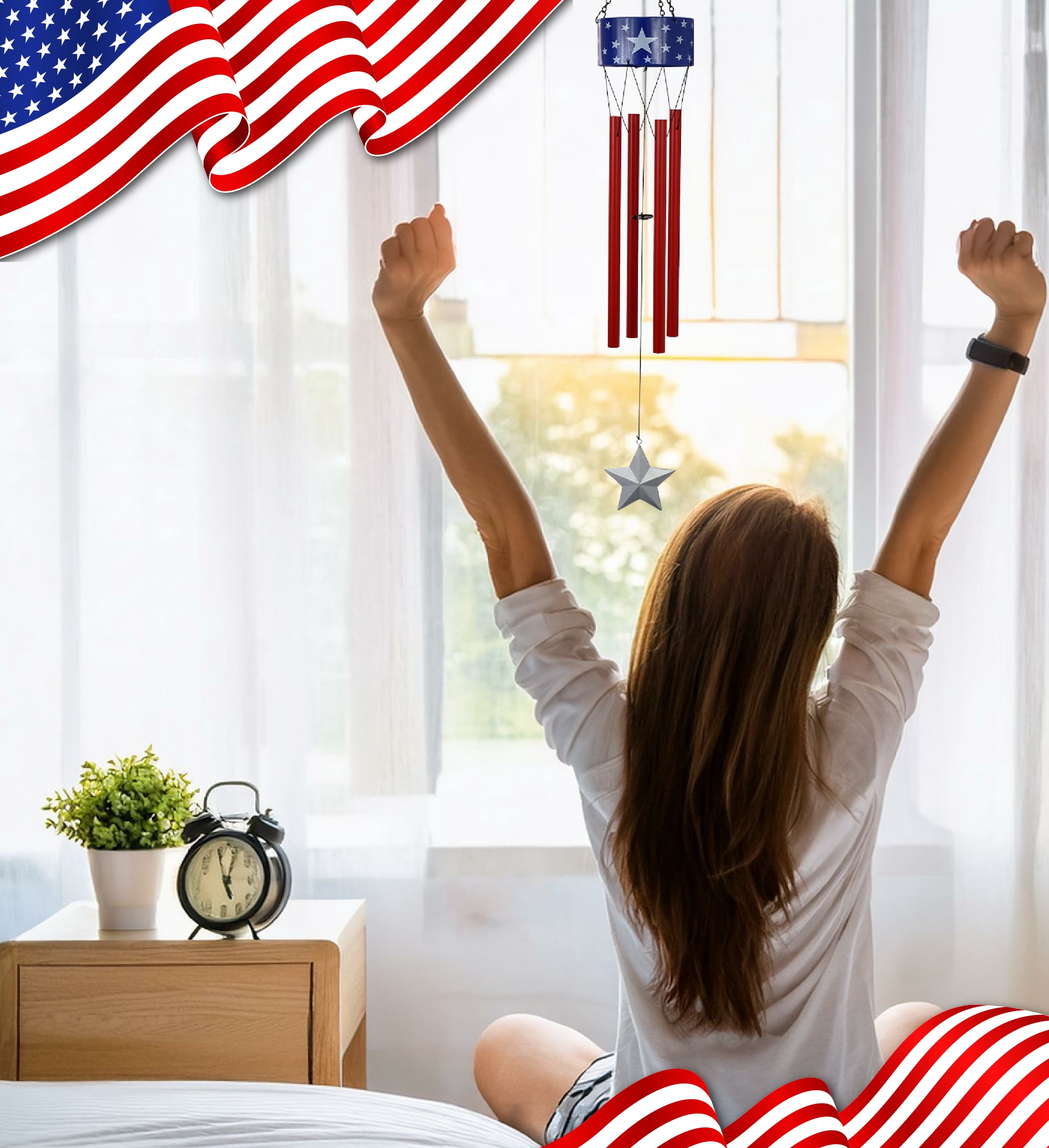CoTa Global USA Flag Stars Wind Chime - American Flag Patriotic Indoor or Outdoor Windchime Home Decor with Hanging Bells, Handcrafted Glass and Metal Wind Chimes for Yard, Garden, Porch – 33 Inches