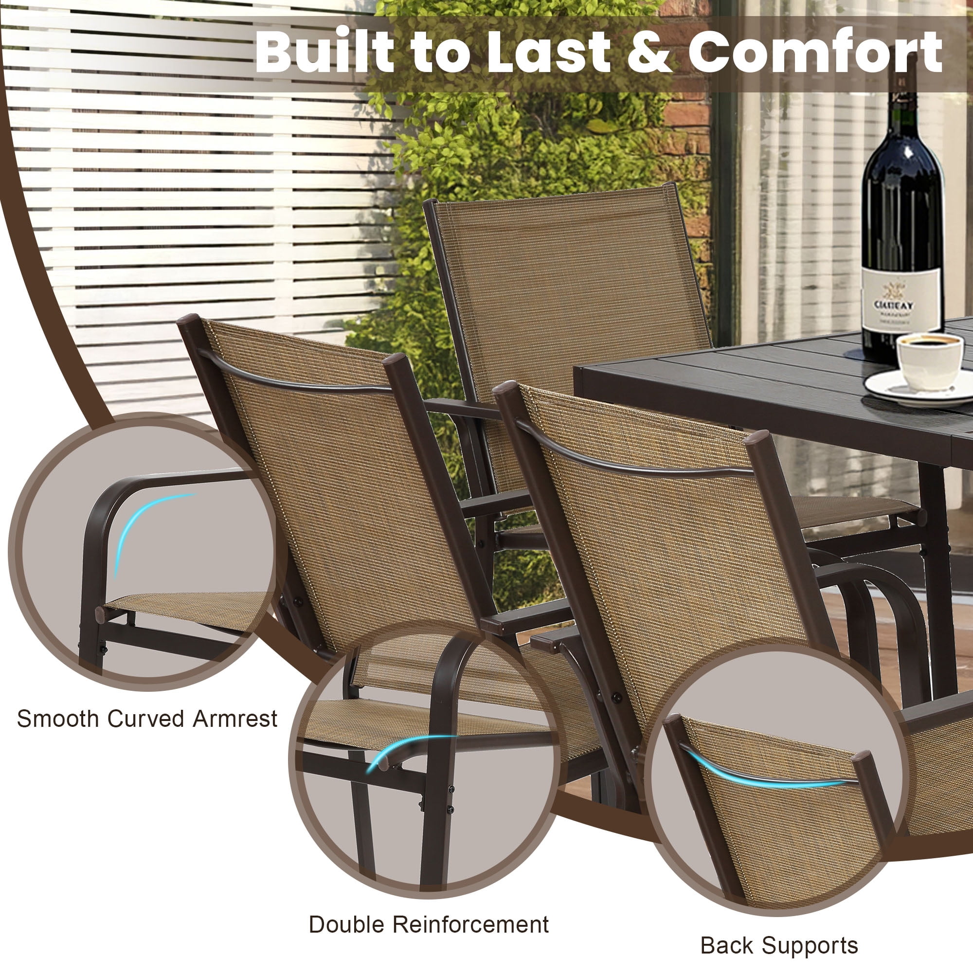 7-Piece Outdoor Dining Table Set, Patio Dining Table Set for 6, Patio Furniture Outdoor Table and Textilene Chairs, HDPE Tabletop, Reinforced Frame, Brown