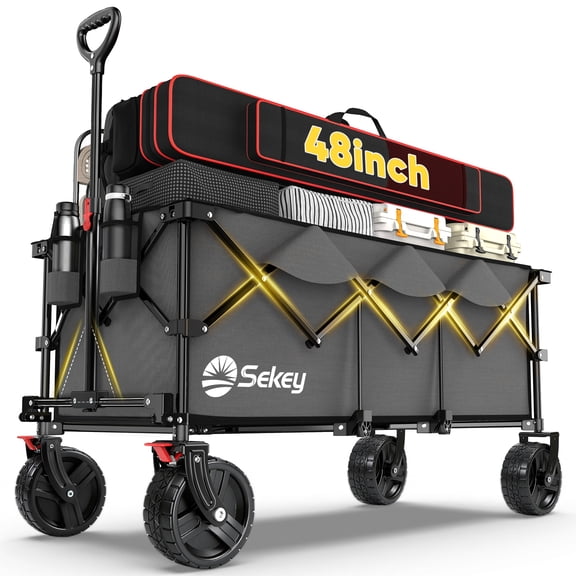 Sekey 48''L Collapsible Foldable Extended Wagon with 440lbs Weight Capacity, Heavy Duty 300L Folding Utility Garden Cart with Big All-Terrain Beach Wheels & Drink Holders. Grey