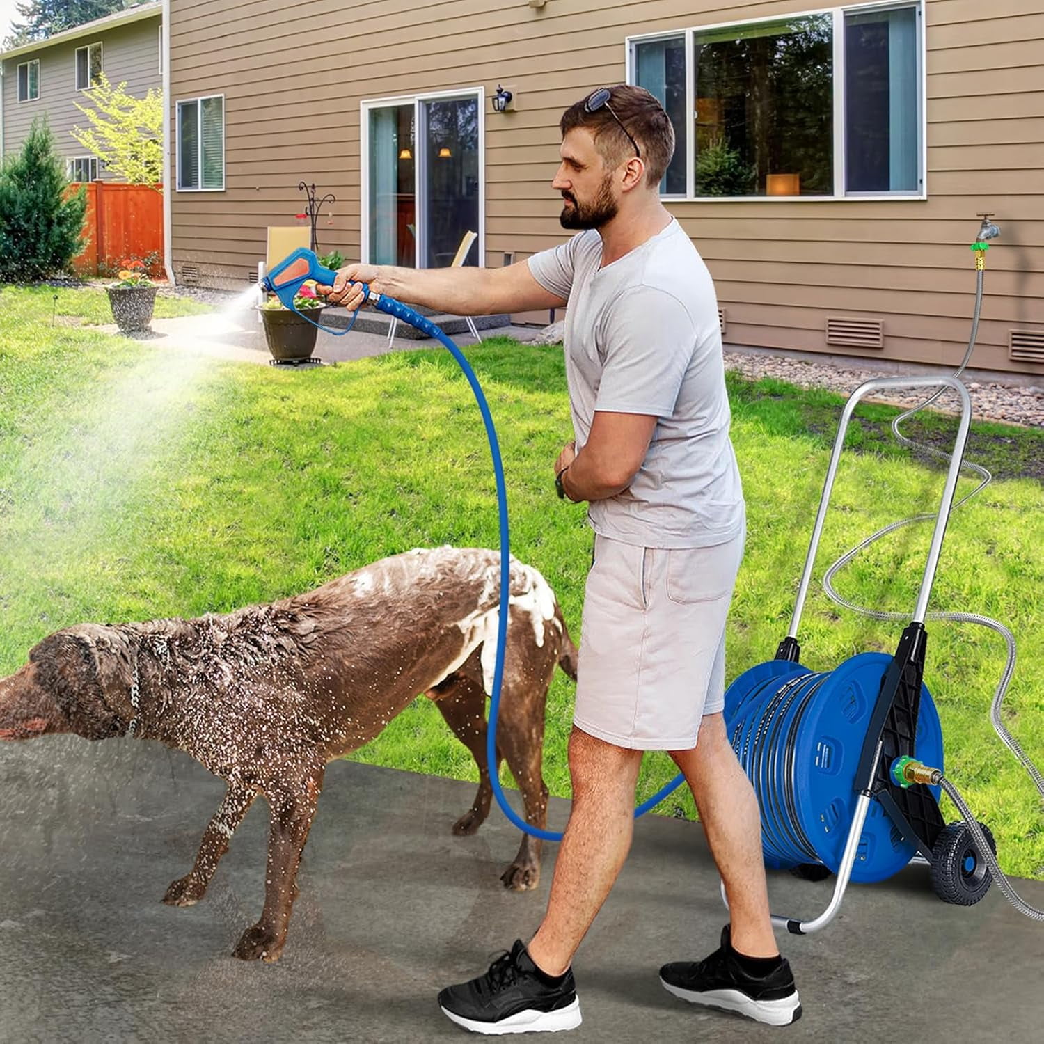 10FT Short Garden Hose Female to Female – Stainless Steel Leader Hose for Hose Reel, Kink-Free Flexible Metal Water Hose, Leakproof Heavy Duty for Outdoor Garden, Car, Pet Washing