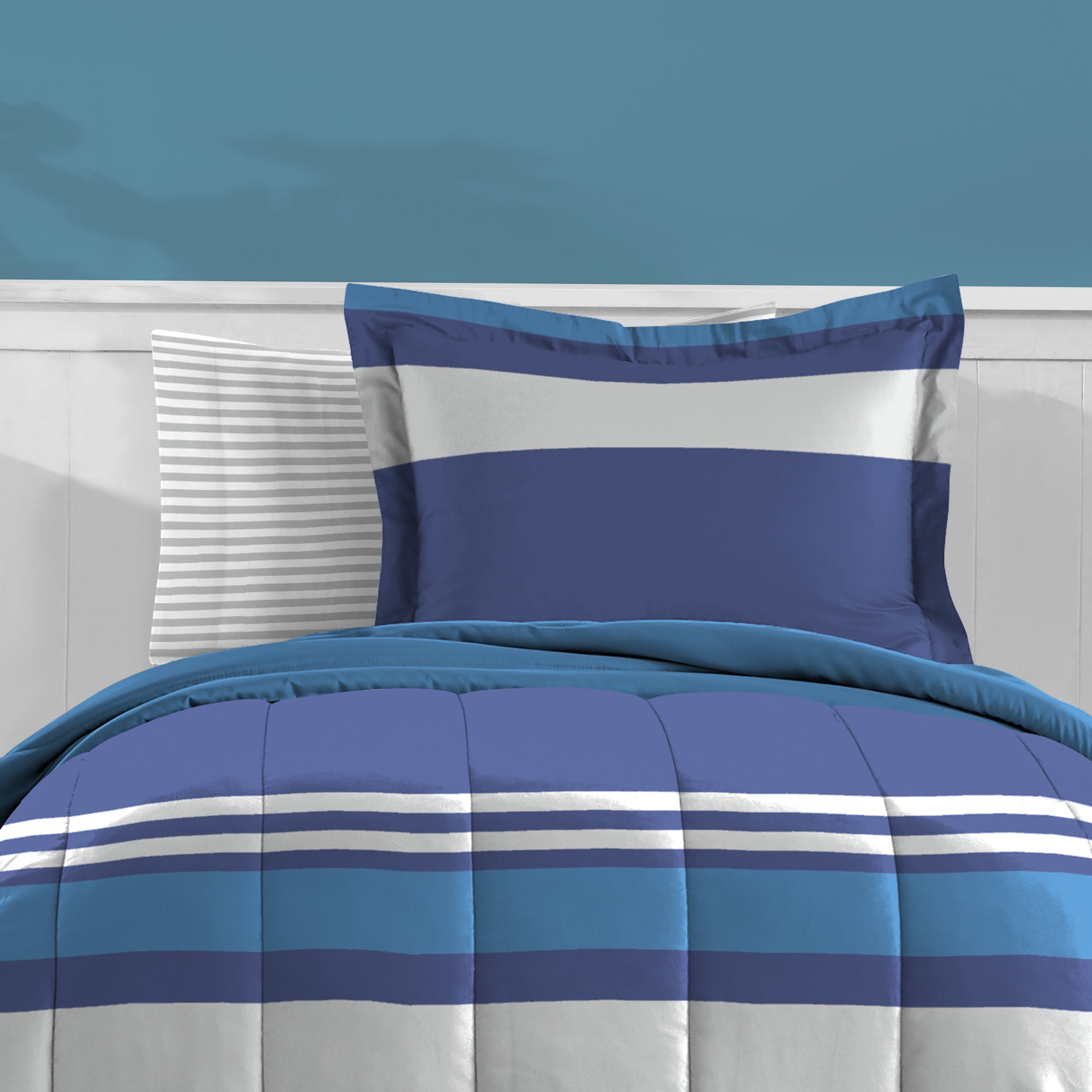 Dream Factory Rugby Stripe Full 7 Piece Comforter Set, Polyester, Microfiber, Blue, Child, Unisex