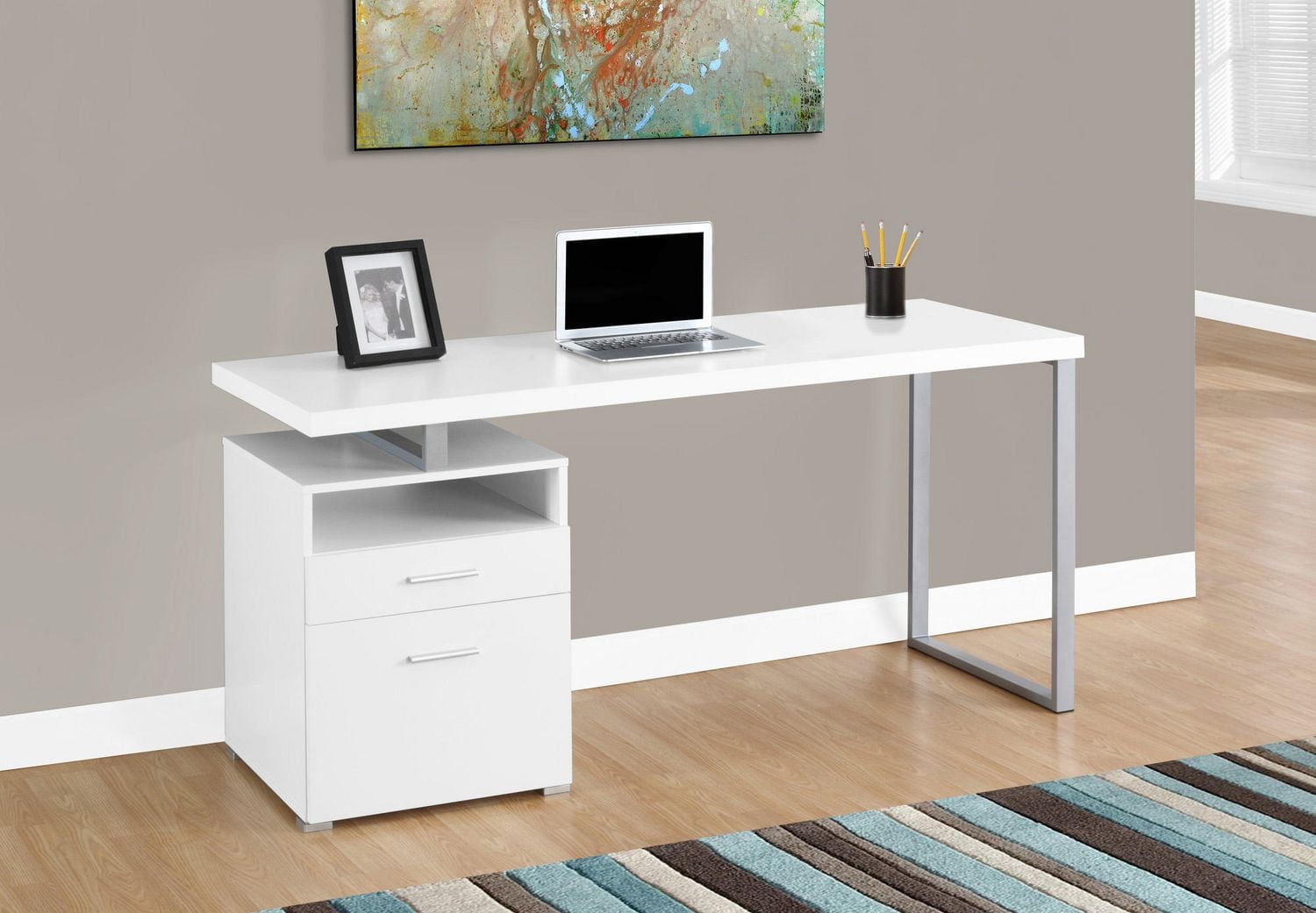 Monarch Specialties Computer Desk, Home Office, Laptop, Left, Right Set-up, Storage Drawers, 60"l, Work, Metal, Laminate, White, Grey, Contemporary, Modern