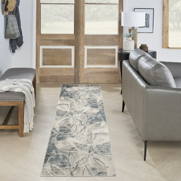 Nourison Astra Machine Washable 2' x 6' Silver Blue Modern Indoor Rug