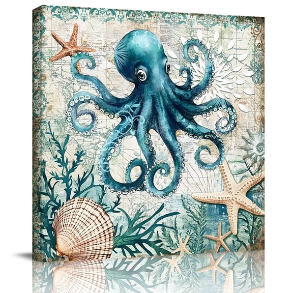 Wall Art Prints, Nautical Octopus Framed Canvas Prints for Bedroom Living Room Bathroom Office, Coastal Vintage Coral Starfish Ocean Gallery Wrap Wall Art Poster for Gifts Home Decor 8"x8"
