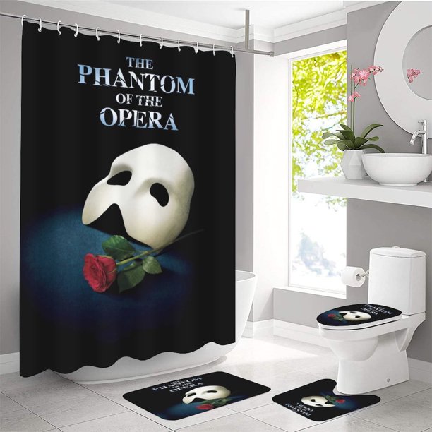 Juego de 4 cortinas de ducha de El Fantasma de la Ópera con alfombra antideslizante, tapa de inodoro y alfombra absorbente para baño, cortinas de ducha de tela impermeables con 12 ganchos para