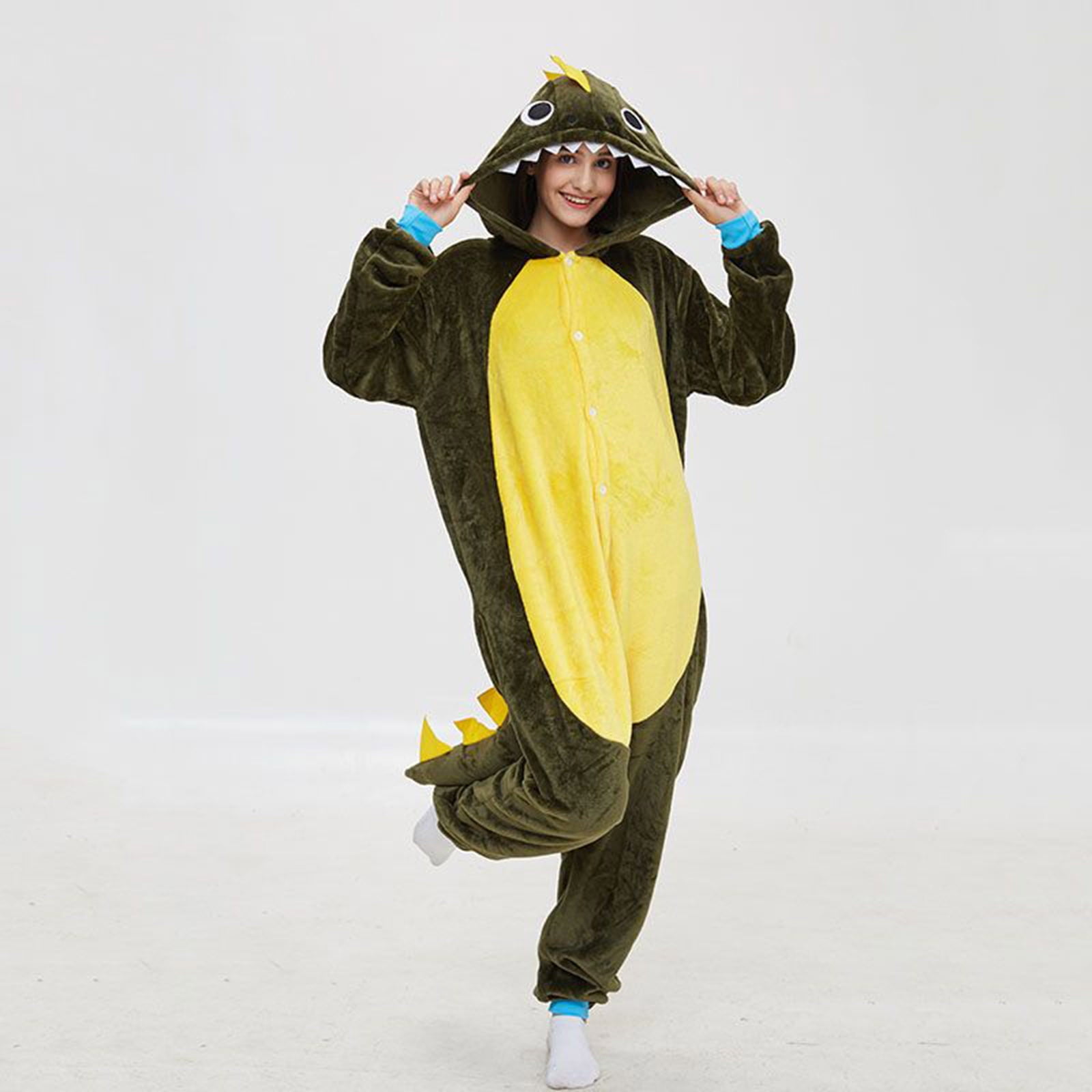 Fjofpr Womens Plush Hooded Jumpsuit Sherpa Fuzzy Pajamas 2025 Plus Size Long Sleeve Cute dinosaur One Piece Onesie Winter Warm Rompers Sleepwear Button up Pajamas Home Clothing Pajamas Army Green L