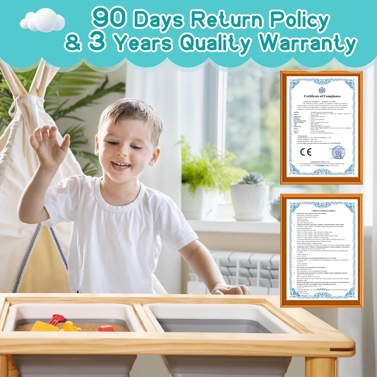 FUNLIO Wooden Sensory Table with 2 Bins for Toddlers 1-5, 4-Level Height Adjustable Kids Activity Table with Anti-Warping Plywood Lid