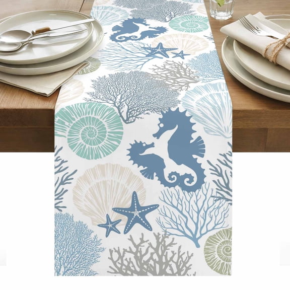 Blue Ocean Seahorse Table Runner Nautical Sea Watercolor Teal Shells Coral Starfish Table Runners Dresser Scarves Holiday Kitchen Dining Table Decoration for Home Party Indoor 13x36 Inch