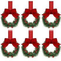 Christmas Wreath with Plaid Bow - 6PCS 4 Inch Mini Kitchen Cabinet Wreaths for Indoor and Outdoor Christmas Decorations, Holiday Decor for Windows, Doors, and Home Holiday Decor